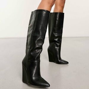 TORY BURCH Linette Smooth Leather Tall Black Wedge Knee High Riding Boots 8.5